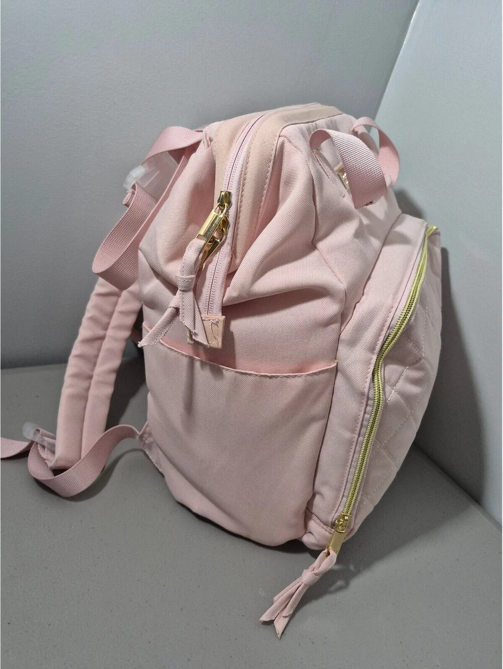 Baby Essentials Pink Diaper Bag Backpack Insulated Bottle Pockets Gold Tone